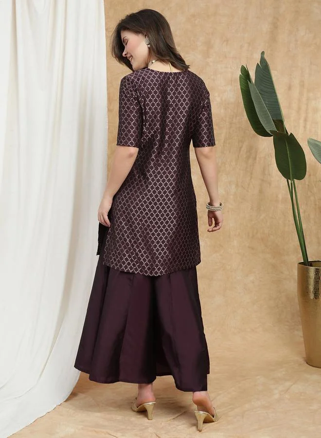 globus Women Maroon V-Neck Printed Kurti with Flared Palazzo Set